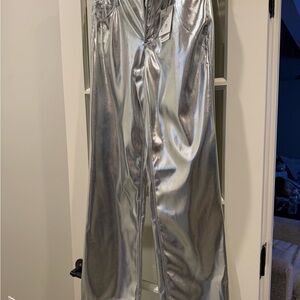 Silver Metallic Wide-Leg Women’s Pants